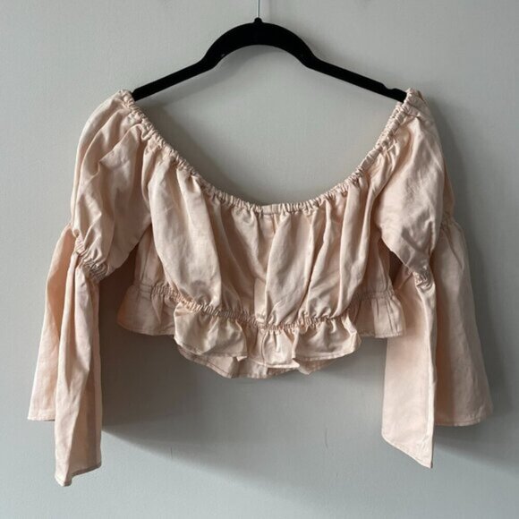 LPA Off The Shoulder Pullover Long Bell Sleeve Casual Cropped Top Cream Medium - Picture 3 of 7